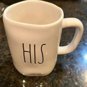 Rae Dunn HIS coffee tea mug drinking cup stoneware white color black font